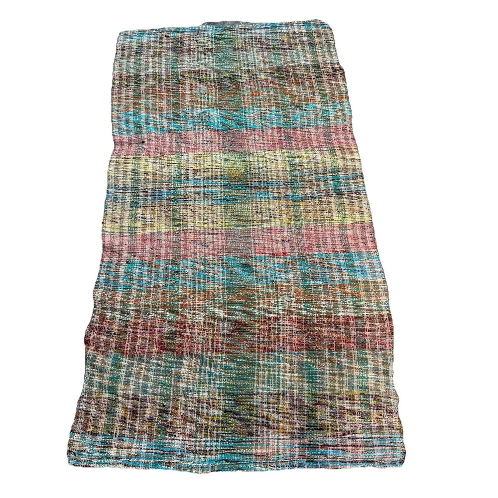 Vintage 70s Handwoven Multicolor Rag Rug Flatweave Boho Cottage 54"‎ L x 28" W